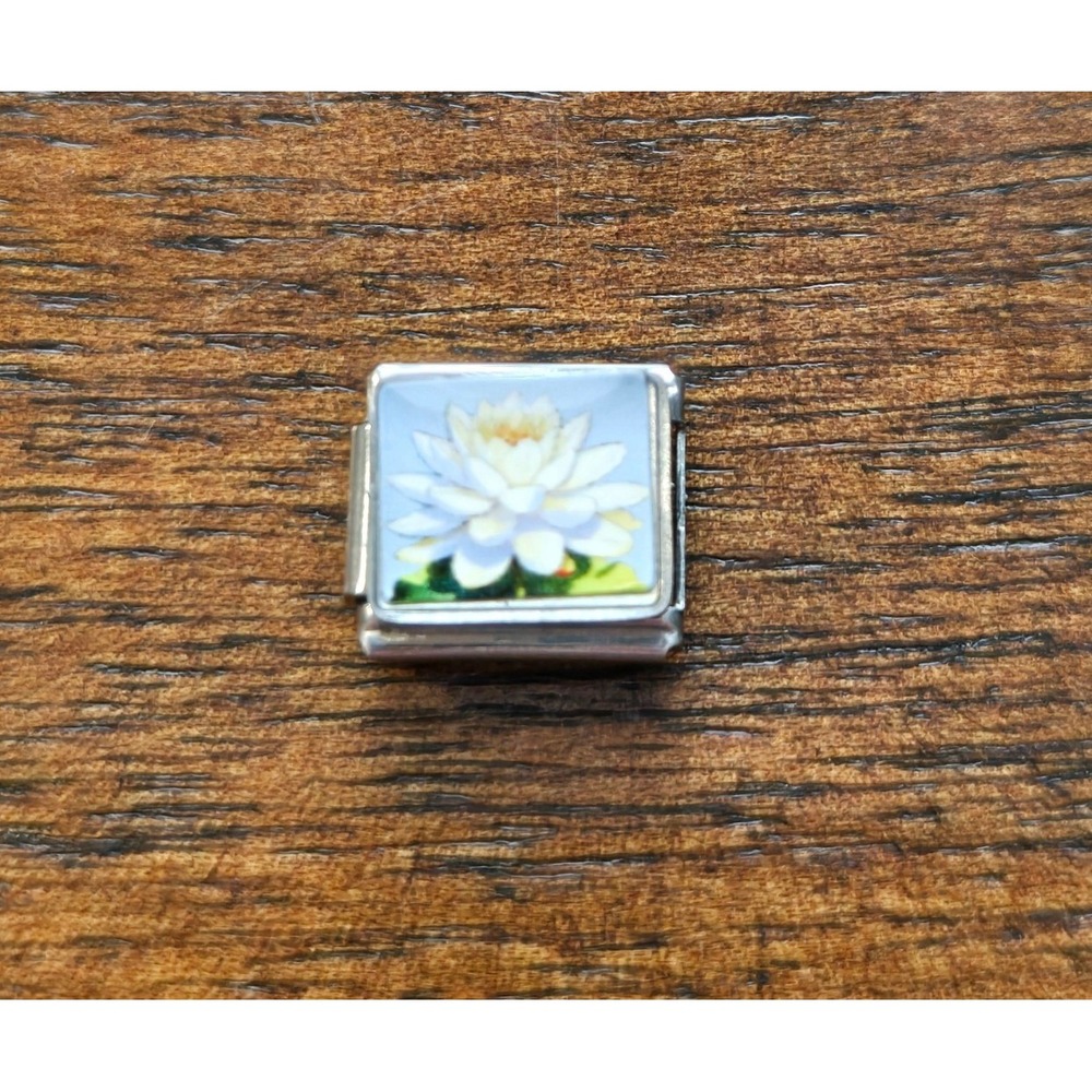 White Water Lily Lotus Flower Stainless Steel 9mm Italian Charm for Bracelet